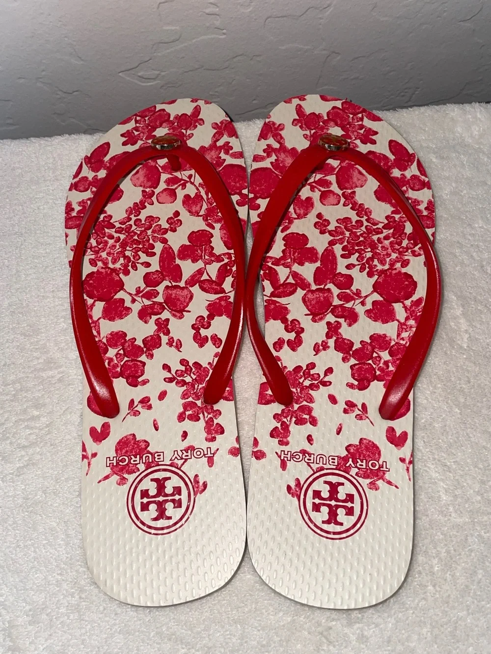 New! Tory Burch Floral Flip Flop Sandals in Chili Pepper Size 8-with Box